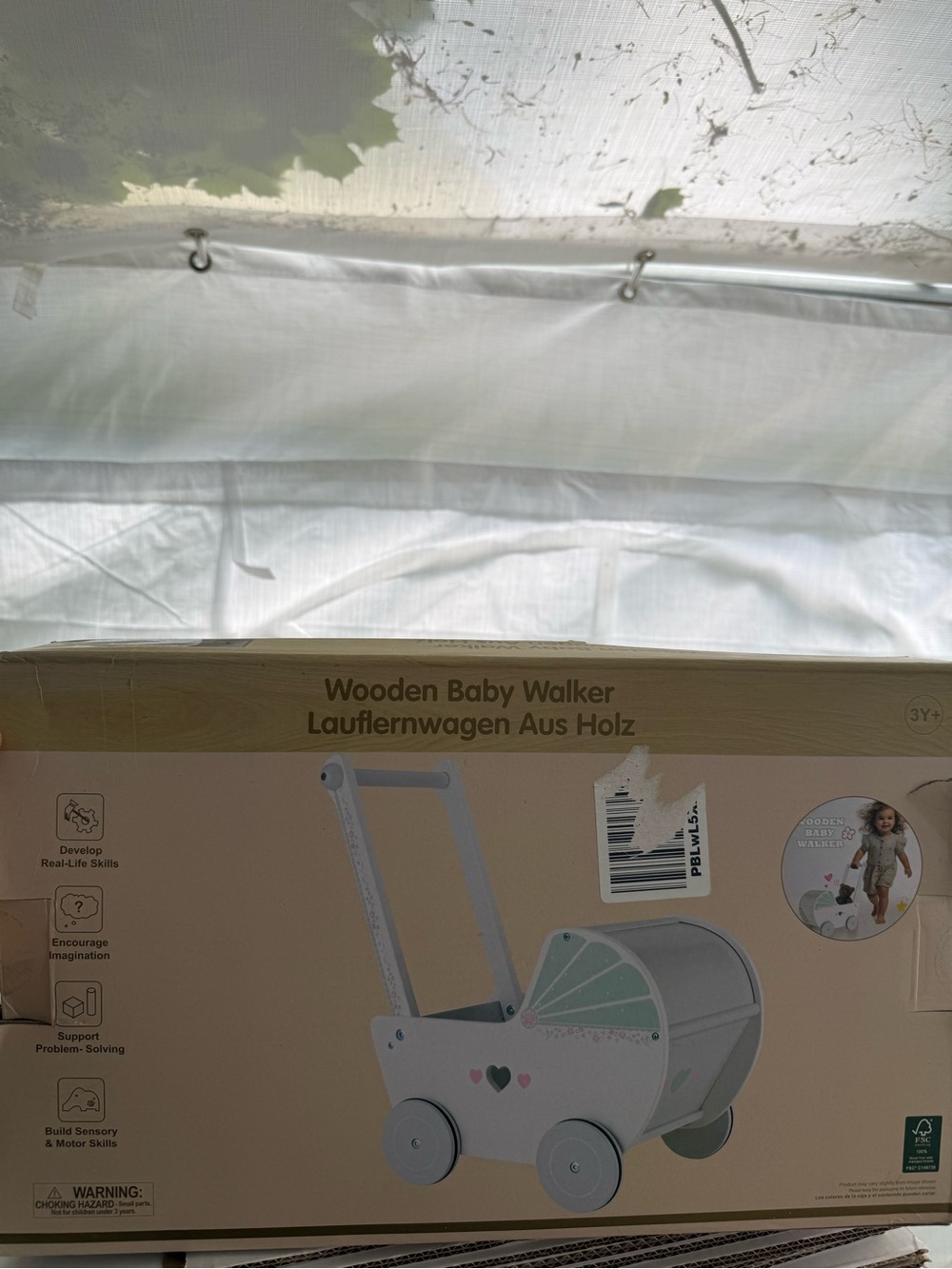 Wooden Baby Walker Doll Pram in Cream and Light Green for Kids